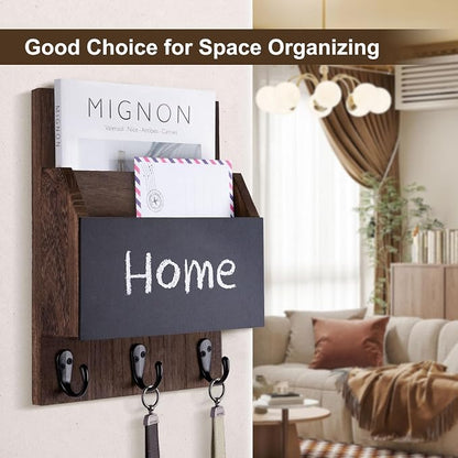 Key and Mail Holder for Wall Mount, Entryway Mail Holder with 2 Slot, Key Holder with 3 Sturdy Hooks for Coat, Dog Leash, Decorative Key Rack (8.86”W x 11.42”H x 3”D) (Brown)