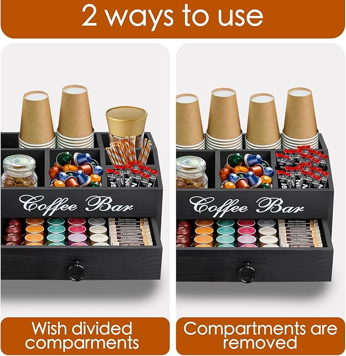 Coffee Station Organizer Pods Holder with Drawer, Farmhouse Wood Coffee Bar Accessories Decor and Tea Condiment Basket for Countertop