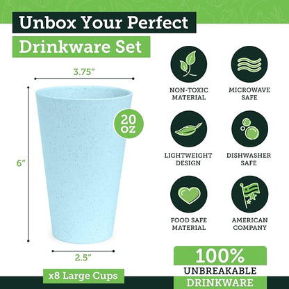 Grow Forward Premium Wheat Straw Cups - 20 oz Unbreakable BPA Free Hard Plastic Cups - Reusable Lightweight Plastic Drinking Glasses for Kitchen, Outdoor, Water, Camping, RV - Tropical