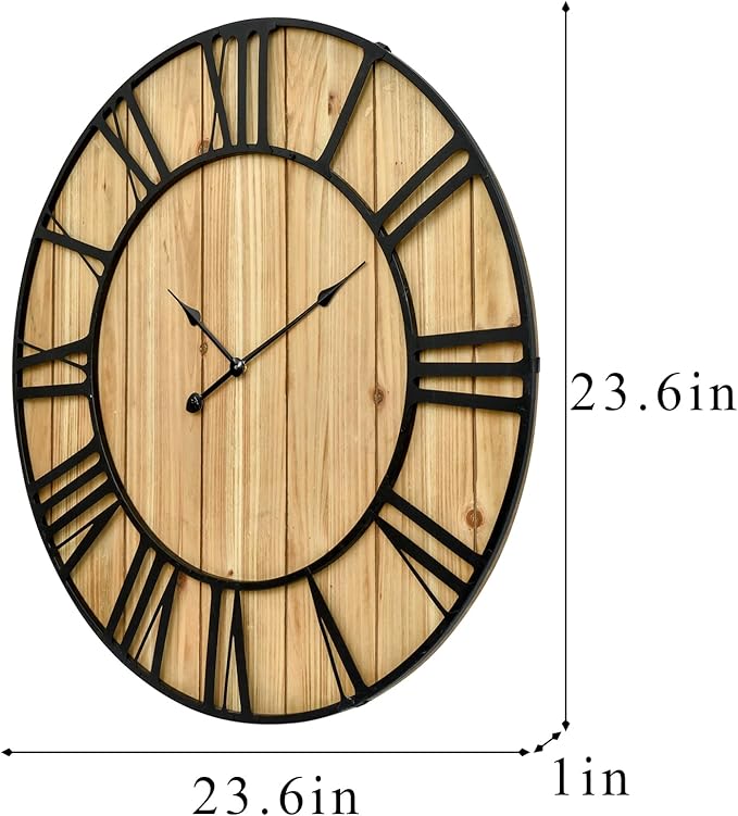 EMAX HOME Large Farmhouse Wall Clock 24 Inch Vintage Brown Wooden Wall Clock with Quiet Ticking and Minimalist Roman Numerals for Bedroom Living Room Office Kitchen Home Decor, Battery Operated