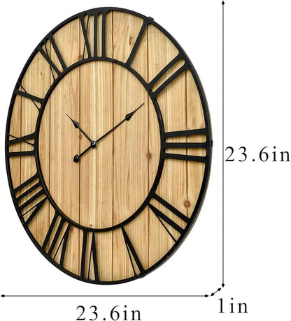EMAX HOME Large Farmhouse Wall Clock 24 Inch Vintage Brown Wooden Wall Clock with Quiet Ticking and Minimalist Roman Numerals for Bedroom Living Room Office Kitchen Home Decor, Battery Operated