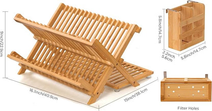 Bamboo Dish Drying Rack with Utensil Holder, 3 Tier Collapsible Dish Rack for Kitchen Counter, Large Folding Drying Holder, Dish Drainer, Kitchen Organizers and Storage