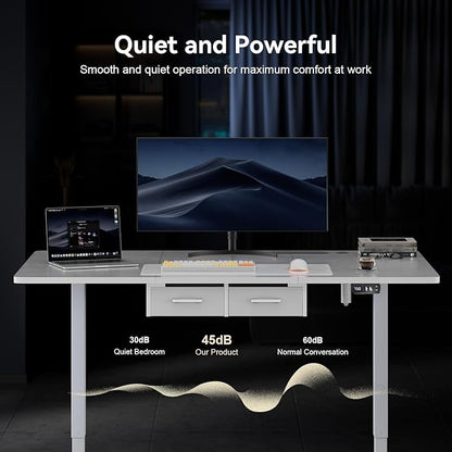 HLDIRECT Electric Standing Desk, 55 x 31.5 Inches Height Adjustable Table with Outlets, Sit Stand Computer Desk with Drawers for Home Office, Ergonomic Rising Workstation, White
