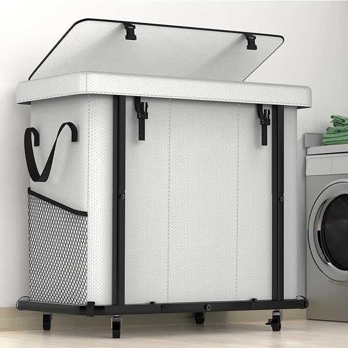 60 Gal(230L) Laundry Basket with Lid, Rolling Laundry Hamper with Wheels, Dirty Clothes Hamper with Metal Frame and Removable Bag Design, Suitable for Laundry Room, Bedroom(White, 3 Section 230L)