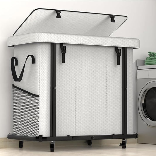 60 Gal(230L) Laundry Basket with Lid, Rolling Laundry Hamper with Wheels, Dirty Clothes Hamper with Metal Frame and Removable Bag Design, Suitable for Laundry Room, Bedroom(White, 3 Section 230L)