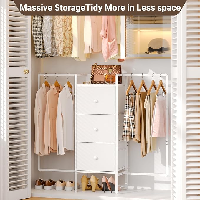 48.03” W Dresser with 2 Hanging Racks, 3 Drawers Dresser Closet for Bedroom, Fabric Kids Chest of Drawers with Clothes Rack, Small Dresser with Wooden Top, White Dresser for Bedroom