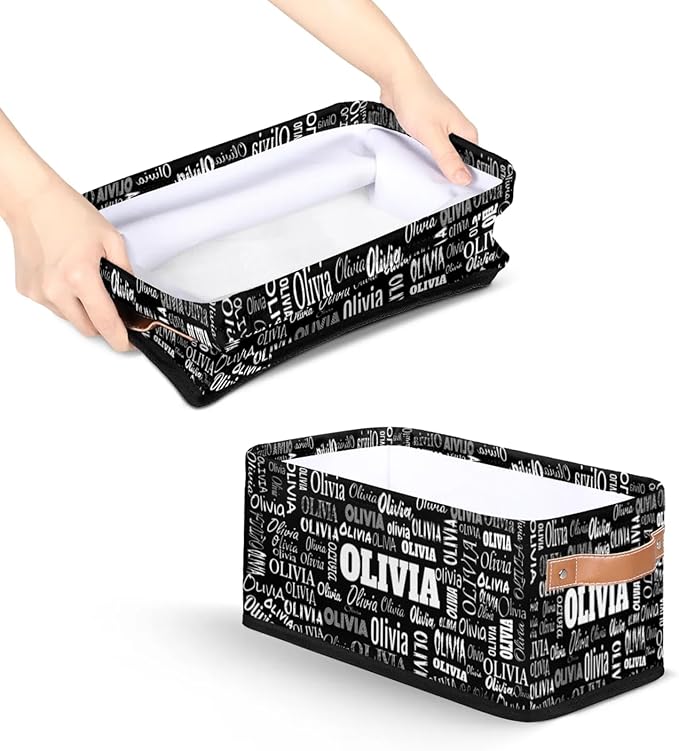 Custom Storage Baskets for Decor with Name, Small Organizer Collapsible Storage Bin with Leather Handle, Toilet Tank, Towel Storage, Entryway, Black