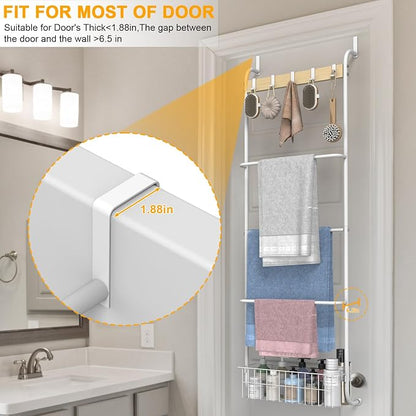 Over The Door Towel Rack,5-Tier Over Door Towel Racks for Bathroom,Towel Rack with Hooks and Basket Door Hanging,Blanket Ladder for Living Room White