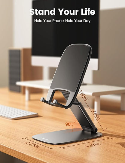 Lamicall Ultra-Thin Phone Stand for Desk, Foldable Cell Phone Holder Height Adjustable, Sturdy Weighted Base, Thick Case Friendly for Gaming Office, Fit iPhone 17 16 15 Pro Max, Galaxy S26, Switch
