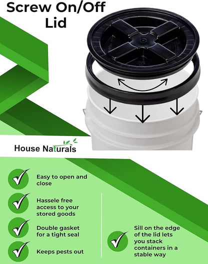 House Naturals 5 galon Food Grade Plastic Bucket Pail Container- 3 Color Air Tight Screw On Lid (Pack of 3)