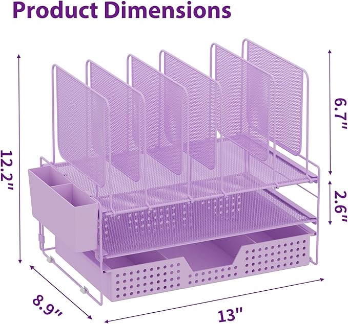 Desk Organizer, Office Organization with Vertical File Holder, File Organizer with Drawer and Pen Holder, Desk Accessories and Workspace Organizers for Home Office (Purple)