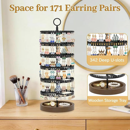 MODOWEY 6 Tier Rotating Earring Holder Organizer Display Tree with Wooden Tray, Adjustable Plastic Stand with 342 Slots for Stud Hoop Hanger, Large Capacity Storage Rack for Women Space Saving, Black