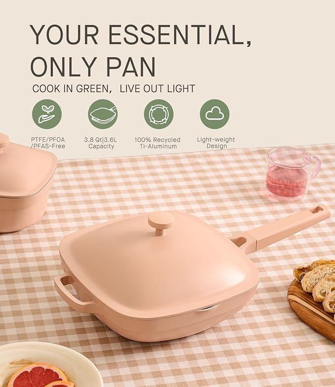 10.5 Inch(3.8QT) Ceramic Pan with Lid,Non Stick Frying Pans Cast Aluminum Deep Sauté Pans,Ti-Ceramic Non Toxic Pix Pan with Wooden Spatula and Scrubber-Desert Clay