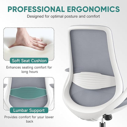 Ergonomic Mesh Office Chair, 330LBS Executive Desk Chair with Lumbar Support, 2D Armrests, Comfy Swivel Computer Task Chairs for Long Hours (Grey)
