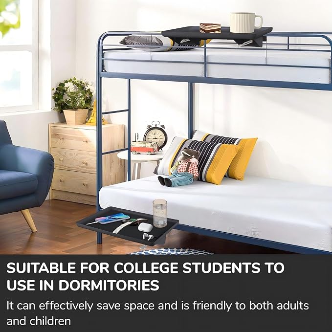 Bedside Shelf for Bunk Beds & Top Bunk, Clip On Nightstand with Cable Catch, White, 35lbs Capacity, College Dorm Room & Kids Room (Black)