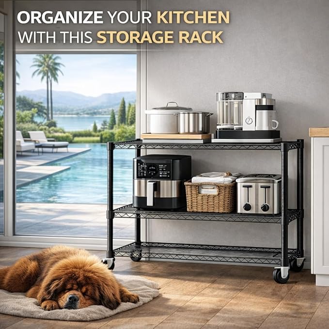 Orchidleaf 3-Tier Wire Shelving Unit with Wheels, 36.9" W x 18.6" D Heavy Duty Metal Storage Rack, Adjustable Shelves, Locking Casters, 350 lb Per Shelf (1050 lb Total) for Garage, Pantry, Kitchen
