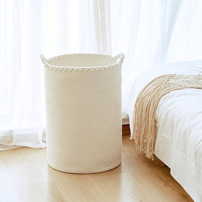 72L Woven Laundry Hamper,Cotton Tall Wicker Laundry Basket for Blankets,Clothes,Pillows,Toys,Shoes Large Laundry Bin White