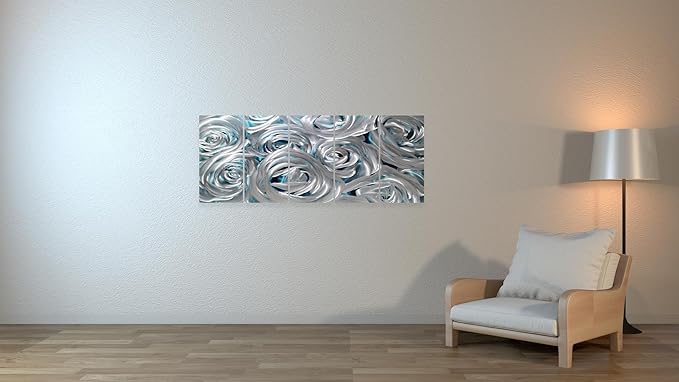 YHSKY ARTS Huge Silver Flower Metal Wall Art Hand Crafted Sculpture Set for Living Room Decor
