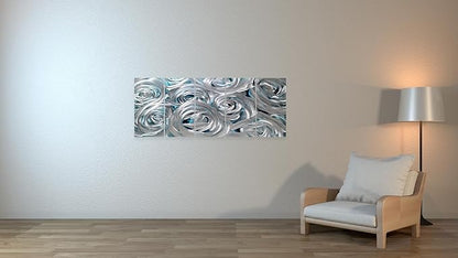 YHSKY ARTS Huge Silver Flower Metal Wall Art Hand Crafted Sculpture Set for Living Room Decor