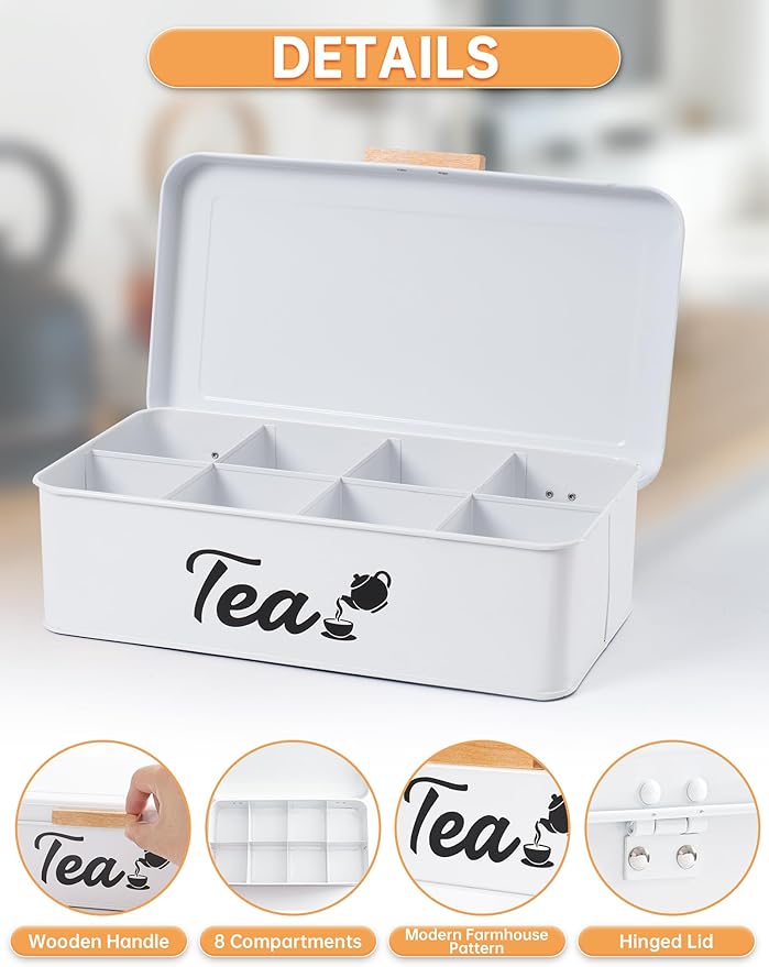 Farmhouse Tea Bag Organizer, Tea Bag Holder with 8 Compartments for Countertop, Tea Box Organizer with Wooden Handle for Home Kitchen