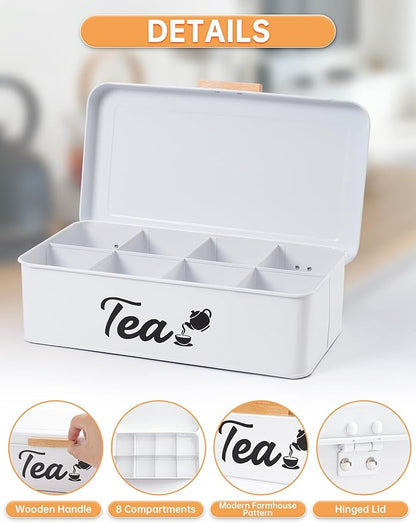 Farmhouse Tea Bag Organizer, Tea Bag Holder with 8 Compartments for Countertop, Tea Box Organizer with Wooden Handle for Home Kitchen