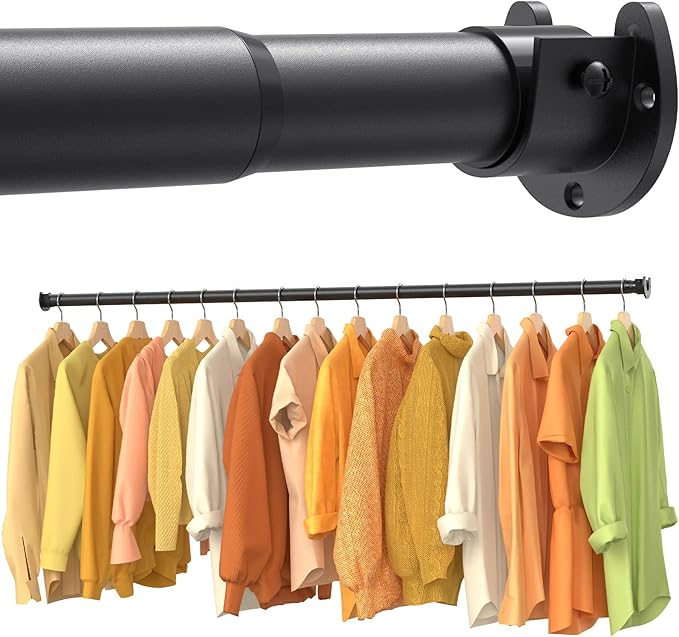 Closet Rods for Hanging Clothes, 17-99 Inch No-Cut Stepless Adjustable Closet Rod, 1.3 Inch Heavy Duty Metal Closet Hanging Rod with Brackets, Matte Black Closet Bar for Closet, Laundry Room, RV