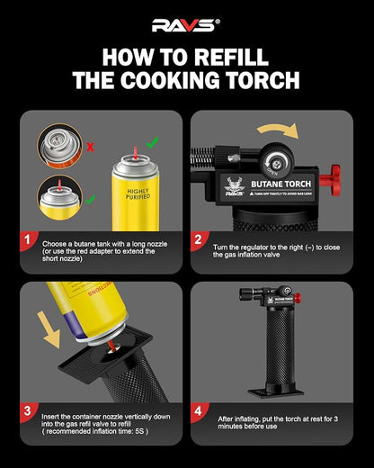 RAVS Butane Torch Lighter, DUAL Flame Mode Kitchen Torch with Adjustable Flame, Refillable Creme Brulee Torch for Baking, Cooking, Metal Body Soldering Torch, Black/Red, Butane Gas Not Included