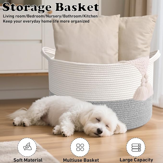90L Extra Large Blanket Basket,Woven Rope Laundry Basket Hamper with Handles, Decorative Nursery Basket Storage Bin for Toys, Clothes Organizer, Living Room, Bedroom, Bathroom, White&Grey