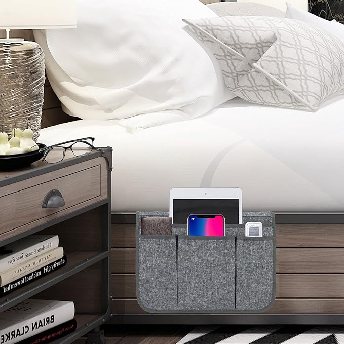 Bedside Caddy Bedside Storage Organizer Magazine Phone Tablet iPad Remote Holder, Organizer Caddy for Home College Dorm Bed, Sofa, Bunk Bed (Dark Grey)