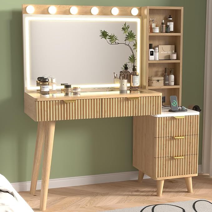43" Fluted Makeup Vanity Desk with 32" Mirror and Lights, Modern Glass Top Large Vanity Table with 5 Drawers and 3 Storage Shelves, Dressing Table Set with Charging Station for Bedroom-Gray