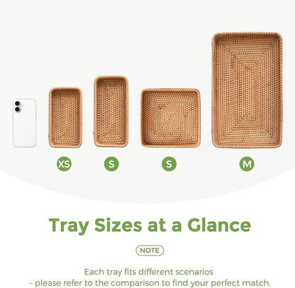 Small Rattan Serving Tray, Natural Wicker Decorative Tray for Trinket Ring Cosmetic, Rectangular Keys Basket Jewelry Perfume Trays for Coffee Table Entryway Living Room(10" × 5.1")