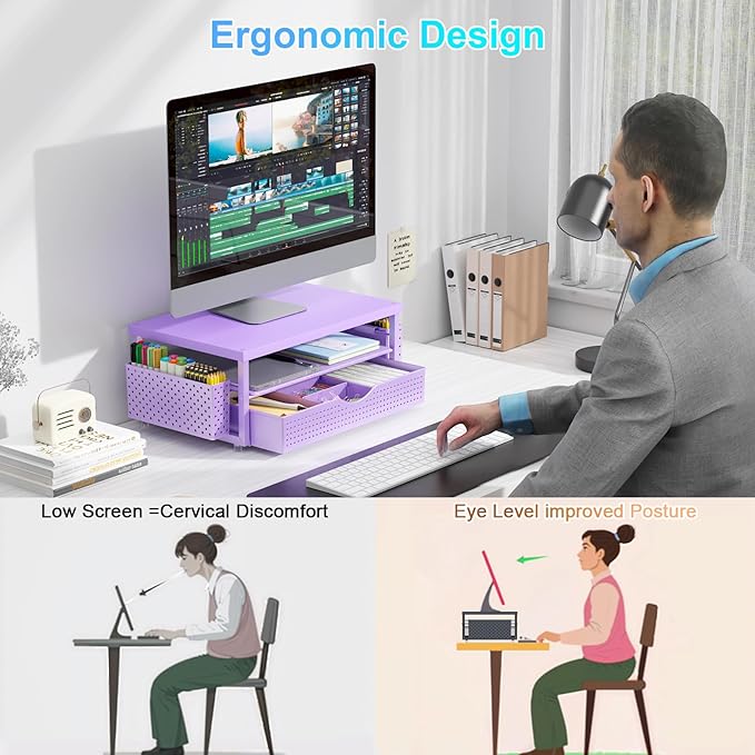 gianotter Monitor Stand Riser, Desk Organizer with Drawer and 2 Pen Holders, 2-Tier Workspace Organizer for Office Supplies