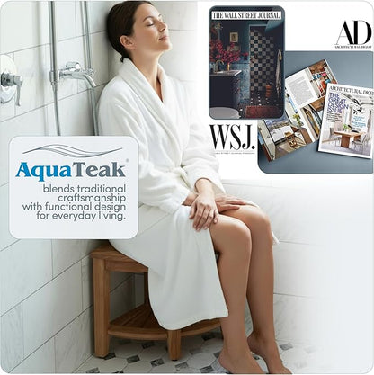 AquaTeak 15.5" Kai Mocha-Shield Corner Teak Shower Bench - Shower Stool for Bathroom with Elevated Height - Durable Water Resistant Shower Chair - Shaving Foot Rest - Indoor & Outdoor Use