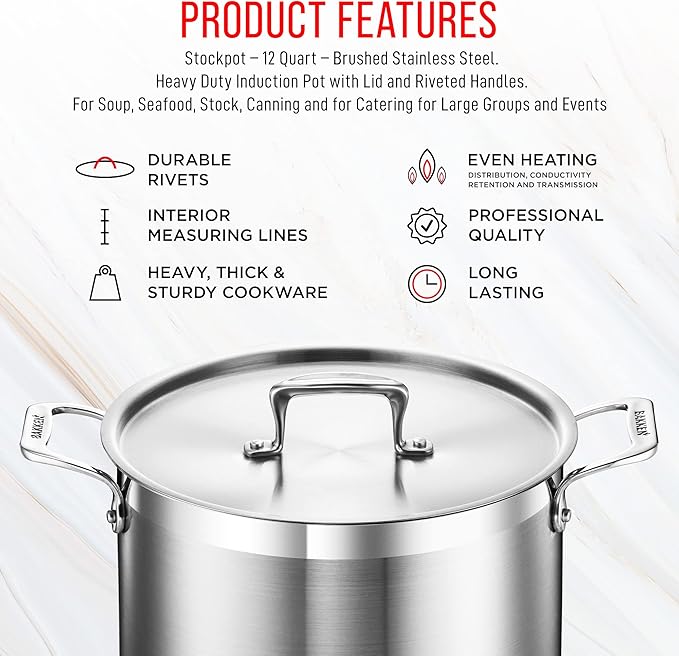 Stainless Steel Stockpot with Lid 12 Quart, Durable 18/8 Stainless Steel, Impact-Bonded Base for Even Heating, Riveted Handles, Oven & All Stove Compatible, Safe Up To 500°F (260°C)
