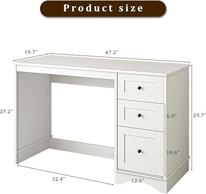 48”White Computer Desk with 3 Drawers, Modern Office Desk with Storage, Small Writing Desk for Bedroom, Living Room, Office
