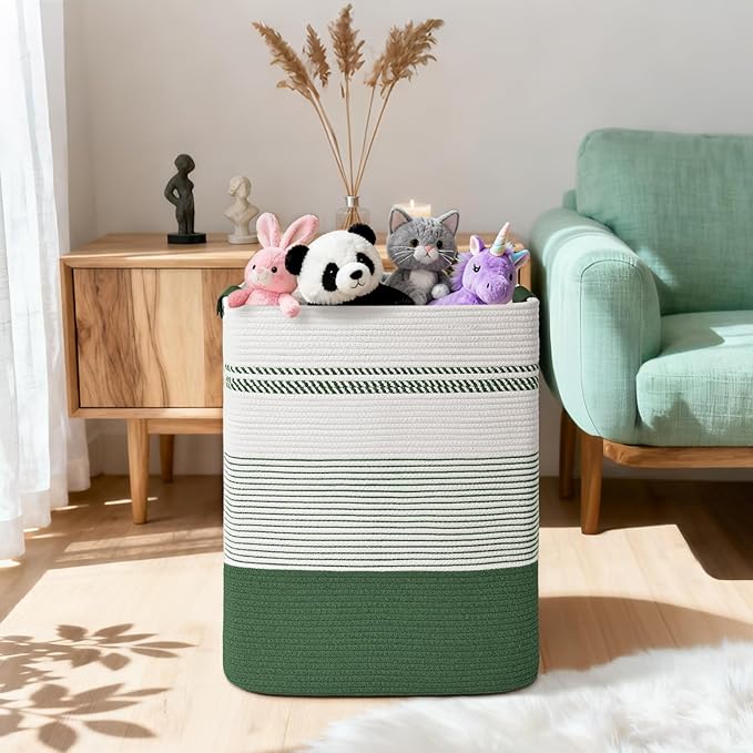 Degeyoyo Laundry Hamper, 85L Tall Laundry Basket with Leather Handles, Rectangle Large Clothes Hamper for Organizing, Cotton Woven Laundry Baskets Storage Hampers for Bedroom, Nursery, Living Room