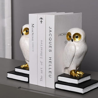 Kakizzy Book Ends for Shelves, Owl Decorative Bookends Bronze Bird Book Stopper Unique Kids Book Holders with Anti-Slip Base Luxurious Bookends for Kids Rooms Office Home Decor(White)