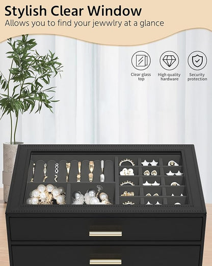 AKOZLIN Jewelry Box with Clear Lid Functional Leather Jewelry Storage Organizer Case 2 Drawers for Women Girls Necklace Ring Bracelet Earring
