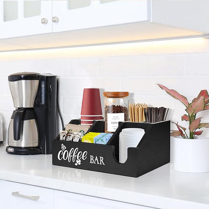 Coffee Station Organizer, Coffee Cup Holder for Counter, Wood Coffee Pod Holder Storage Basket, Tea Condiment Organizer for K Cup Sugar, Rustic Coffee Bar Decor for Coffee Accessories