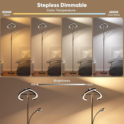 Upgraded 36W RGBCW Floor Lamp with Ring Reading Lamp, Rotatable Remote Control LED Standing Lamp Dimmable Floor Light Modern Standing Light for Living Room Bedroom Home Office, Black