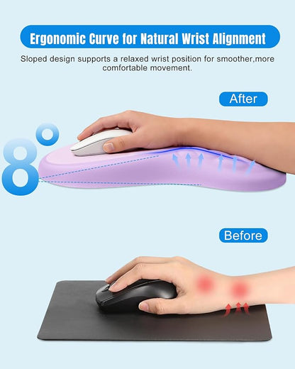 Ergonomic Mouse Pad with Wrist Rest, Slope Design Memory Foam Support, Smooth Lycra Surface, Non-Slip PU Base, Comfortable Mouse Mat for Office, Home, Computer Desk (Purple&Grey)