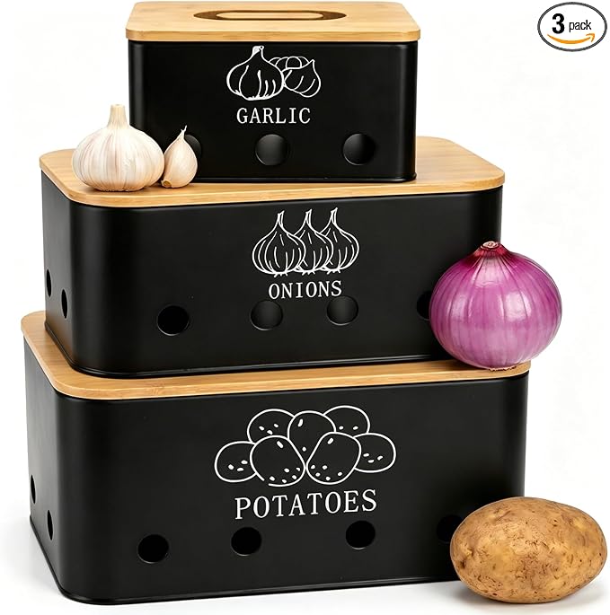 3 Pack Potato Onion Garlic Storage Set, Metal Vegetable Storage Bins with Aerating Holes Bamboo Lids, Large Capacity Kitchen Canister Black Food Container for Countertop, Pantry