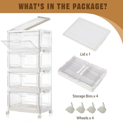 Freebat Collapsible Plastic Storage Bins with Wheels, Clear Stackable Storage Bins with Lid, Stackable Storage Bins with Open Door, Folding Storage Bins Organizer for Closet, Bedroom, Living Room
