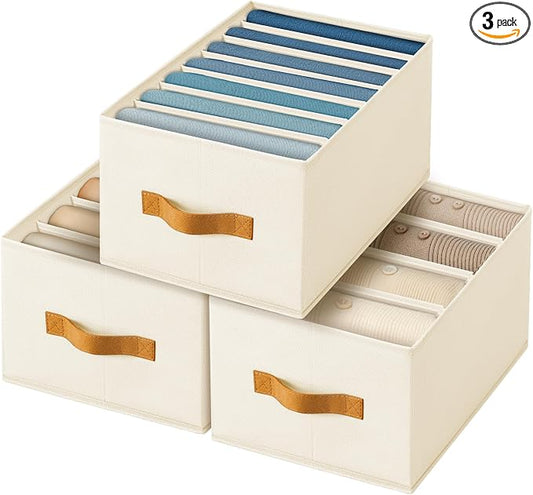 Homsorout Clothes Organizers and Storage - 4/5/7 Grids Fabric Jeans Organizer with Handles, Foldable Closet Organizers Dividers, Wardrobe organizer for Pant, Sweater, T-shirt, Scarf, 3 Pack, Beige