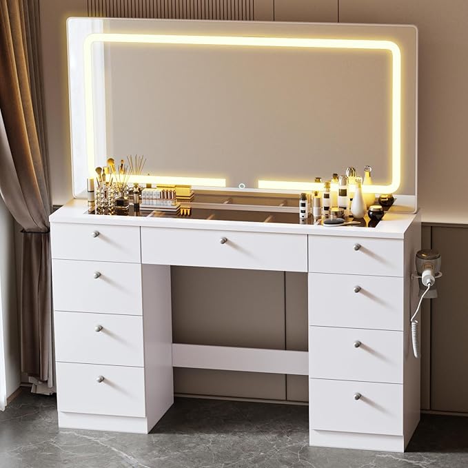 46 INCH Makeup Vanity Desk with Mirror - Glass Tabletop Vanity Table with Lights, Drawers, Power Outlet, Large Storage Desk for Bedroom, White