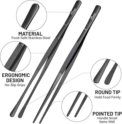 HOTEC Kitchen Tweezers Tongs Stainless Steel Professional Chef Tweezers, Set of 2-12inch Extra-Long Food Tongs for Cooking,Grill and Baking
