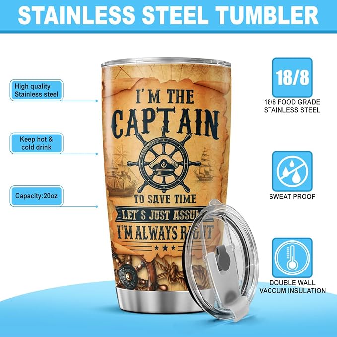 Captain Quote Travel Mug 20oz, Nautical Themed Stainless Steel Insulated Tumbler for Boating Enthusiasts, Funny Gift for Boat Owners, Men, Dad, or Outdoor Use