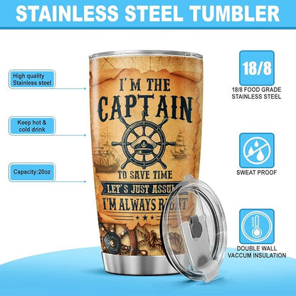 Captain Quote Travel Mug 20oz, Nautical Themed Stainless Steel Insulated Tumbler for Boating Enthusiasts, Funny Gift for Boat Owners, Men, Dad, or Outdoor Use