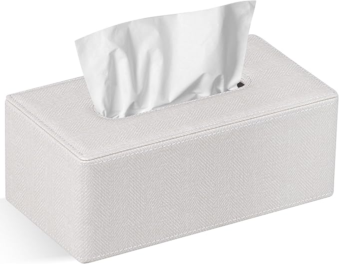 GOLRANLYE Tissue Box Cover Rectangular 9.8"(L) x 5.3"(W) x 4.3"(H) Refined Modern PU Leather Facial Tissue Dispenser Box Holder for Dresser Bathroom Decorative (Linen Beige)