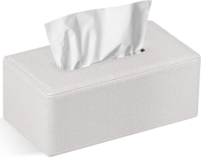 GOLRANLYE Tissue Box Cover Rectangular 9.8"(L) x 5.3"(W) x 4.3"(H) Refined Modern PU Leather Facial Tissue Dispenser Box Holder for Dresser Bathroom Decorative (Linen Beige)